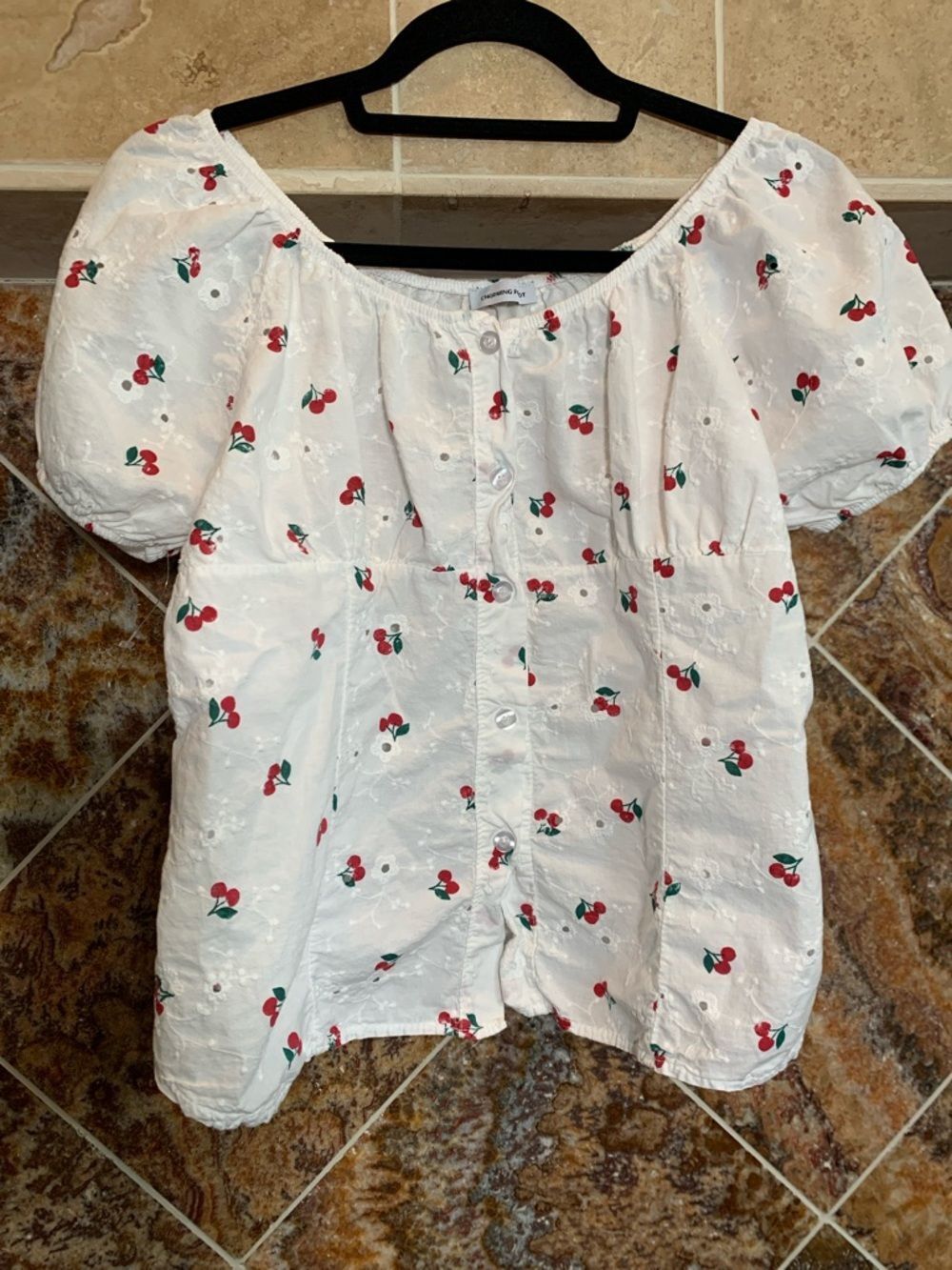 White Cherry Print Puff Sleeve Crop Top Coquette Cottagecore Aesthetic